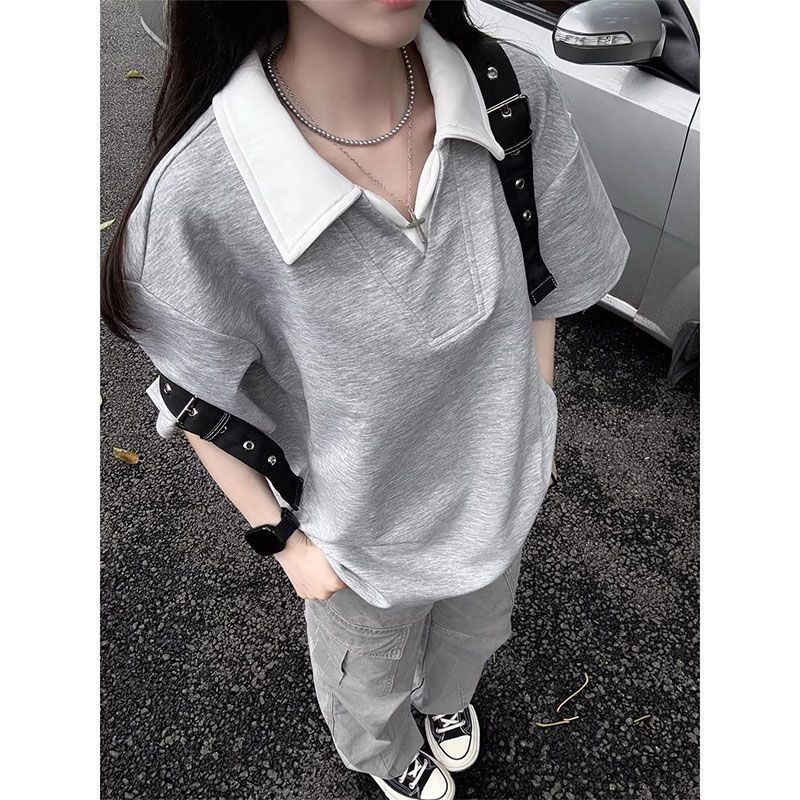 cult 무거운 아메리칸 300 그램 후아 면 배색 페이크 레이어드 V넥 POLO 셔츠 폴로 칼라 반팔 티셔츠 남성 여름