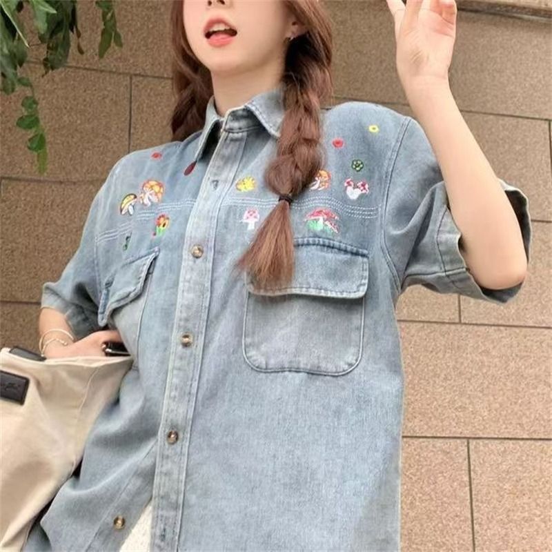 워싱 마 오래된 데님 반팔 자수 여름 일본식 레트로 느긋한 바람 커플 셔츠 남녀 반팔 재킷 트렌디
