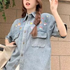 批发水洗做旧牛仔短袖刺绣夏季日系复古慵懒风情侣<b class='q'>衬衫</b><b class='q'>男</b>女短袖外套潮