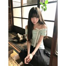 批发双面皱皱棉美式复古格纹绑带木耳边露肩短袖t恤女夏<b class='q'>甜美</b>修身上衣