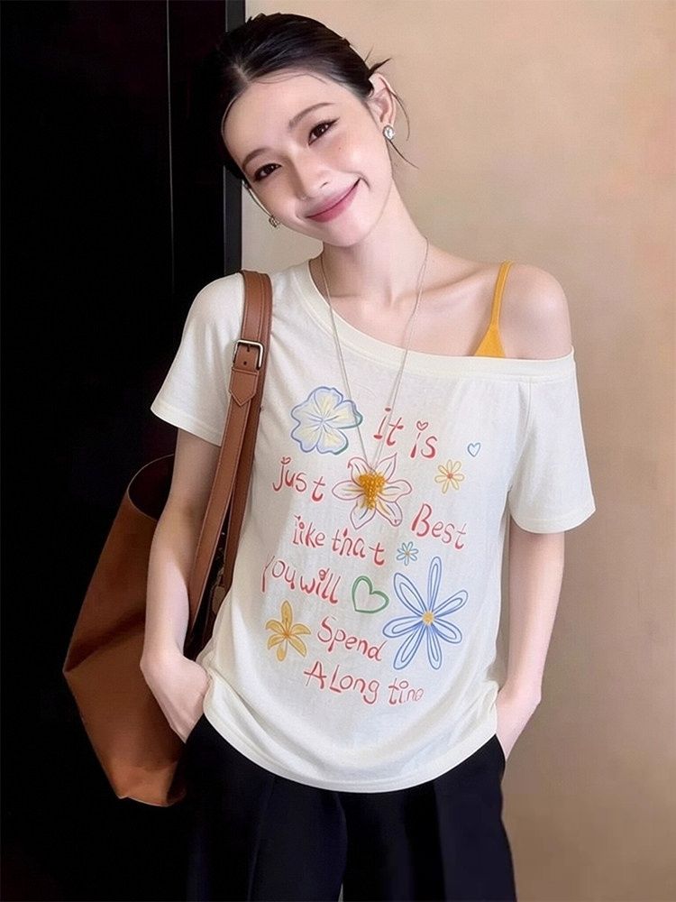 원본 눈꽃 면 한 부서 chic 재미있는 패턴 프린트 오프숄더 반팔 티셔츠 여성 여름 페이크 레이어드 루즈핏 맨위