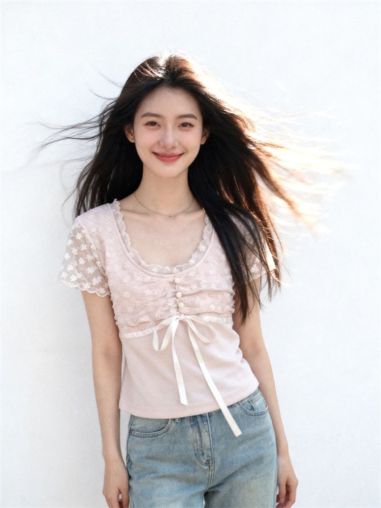 1 1 모달 부드러운 핑크색 레이스 조각 티셔츠 여성 여름 디자인 펌프 Pleat 레이스업 허리 수축 슬림해 보이는 달콤한 자매 맨위