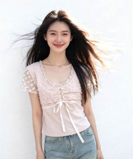 1 1 모달 부드러운 핑크색 레이스 조각 티셔츠 여성 여름 디자인 펌프 Pleat 레이스업 허리 수축 슬림해 보이는 달콤한 자매 맨위