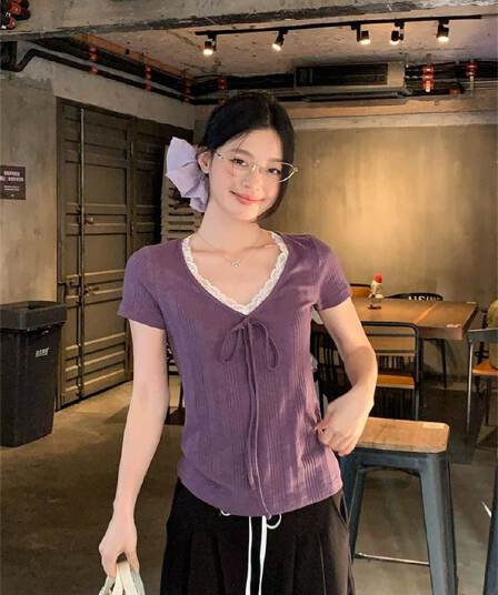 230 크 바 이익 대나무 마디 보라색 V넥 레이스 스트랩 반팔 티셔츠 여성 여름 한 부서 몸매 가꾸기 슬림해 보이는 다용도 맨위