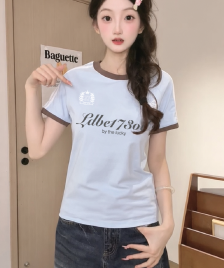 220 그램 주간 실크 차가운 면 반팔 티셔츠 여성 여름 새로운 스트라이프 재미있는 프린트 배색 라운드 넥 맨위