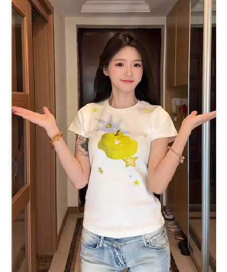 1 1 리브 210 그램 반팔 티셔츠 여름 2026 새로운 쇼트 스타일 몸매 가꾸기 가시 자수 라운드 넥 맨위 여성 의류