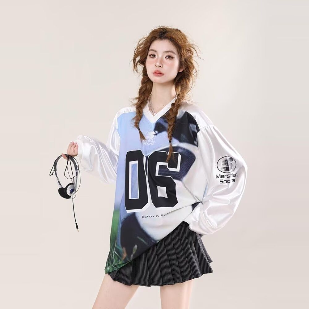 아메리칸 레트로 높음 거리 운동 새틴 디자인 센스 V넥 저지 후드티 여성 루즈핏 캐주얼 긴팔 맨위