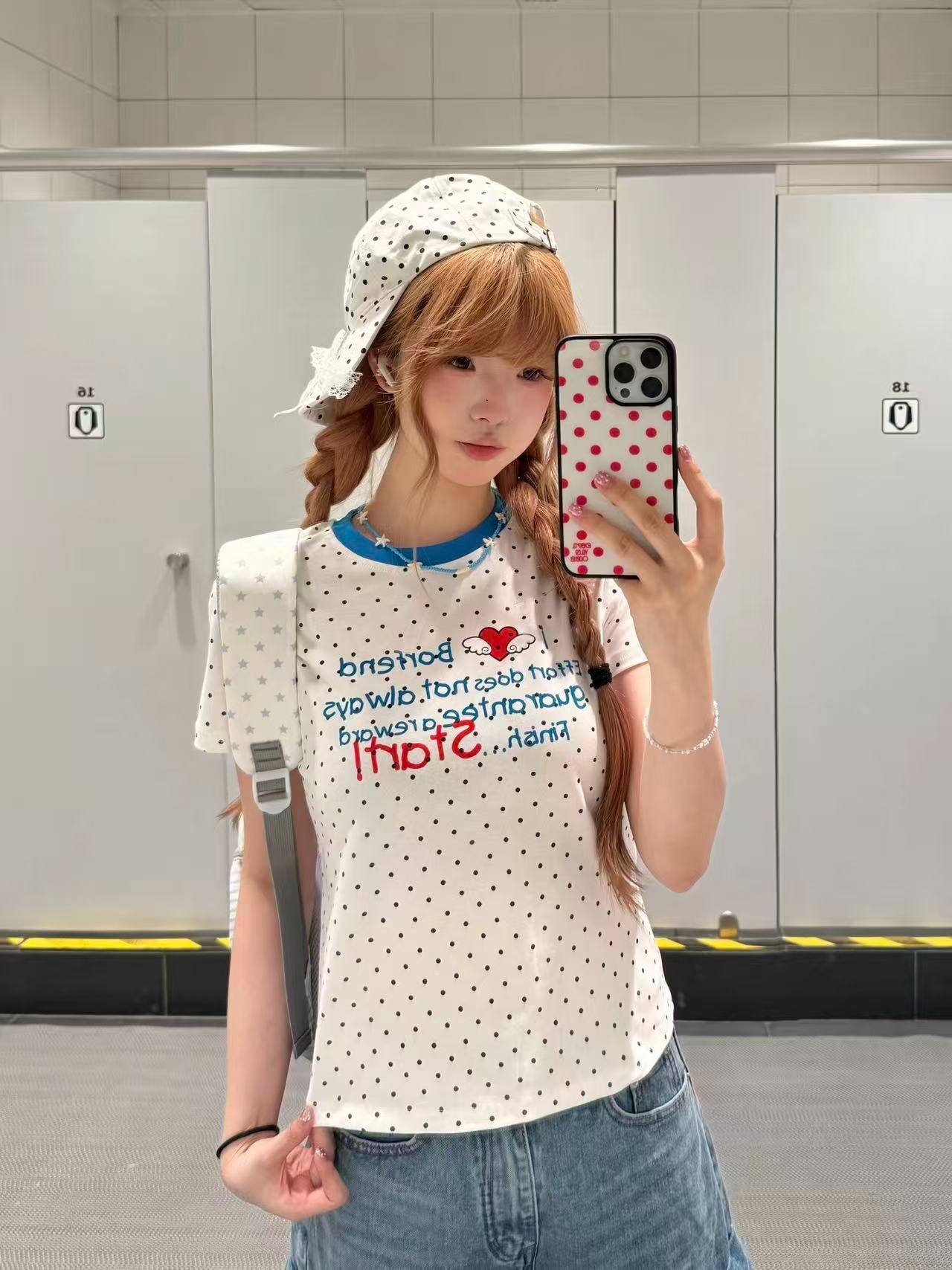 아메리칸 레트로 전체 인쇄 도트 무늬 배색 슬로건 반팔 티셔츠 여성 몸매 가꾸기 슬림해 보이는 긍정적 인 어깨 의류