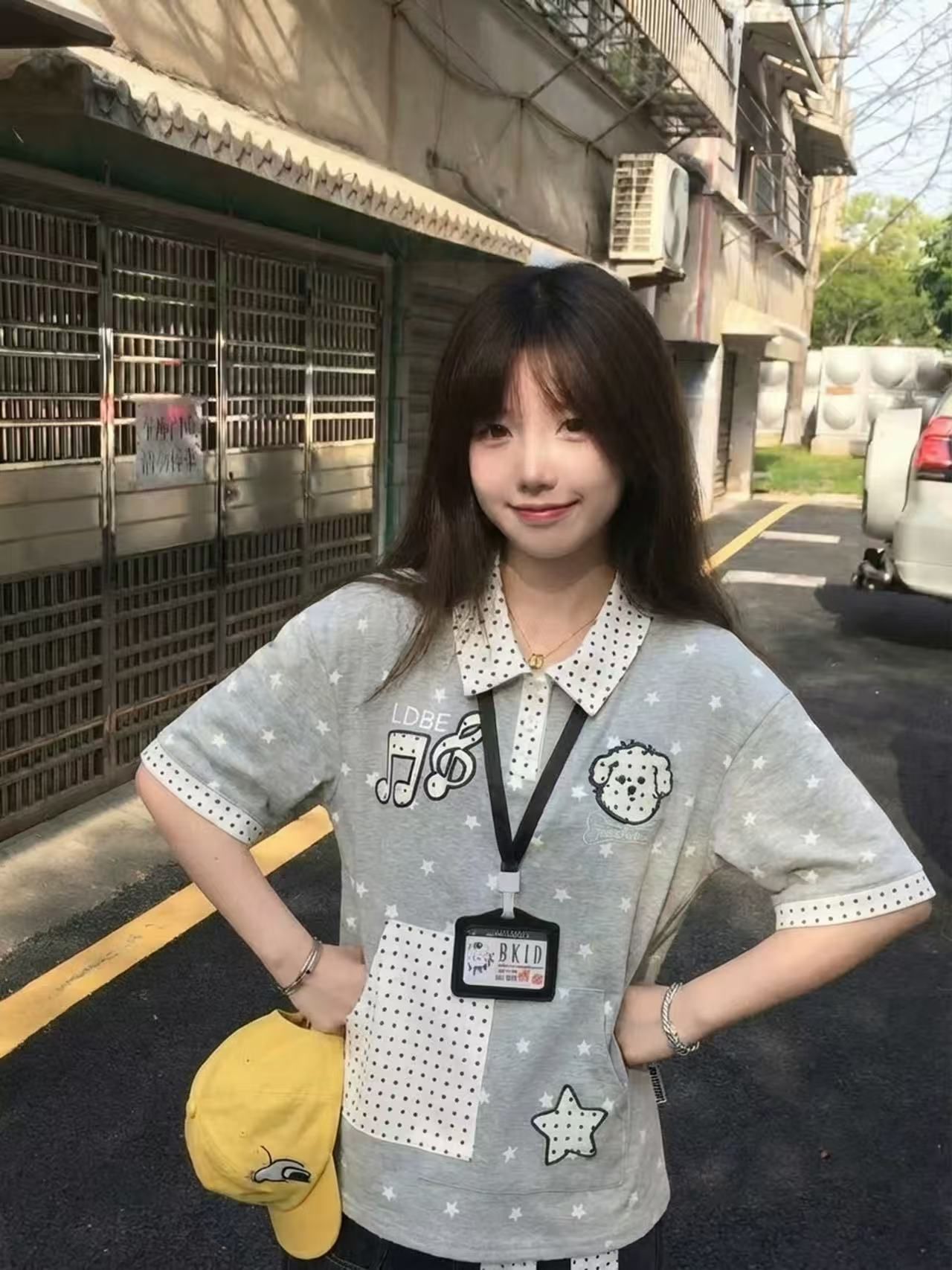한 부서 강아지 목록 페이크 레이어드 반팔 티셔츠 여성 여름 루즈핏 학원 스타일 맨위