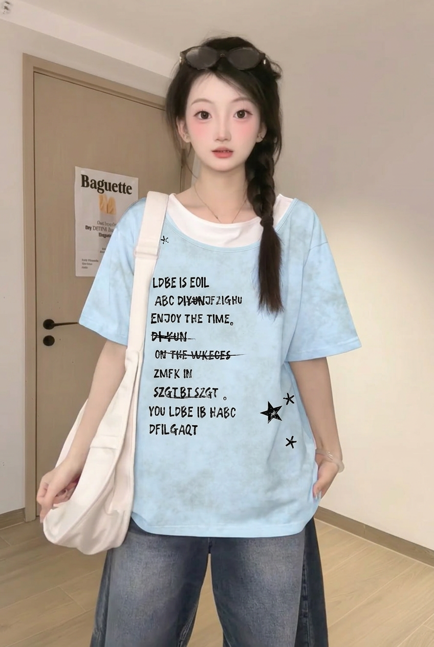 32 더블 실 순면 반팔 티셔츠 여성 의류 여름 새로운 레트로 루즈핏 페이크 레이어드 라운드 넥 맨위