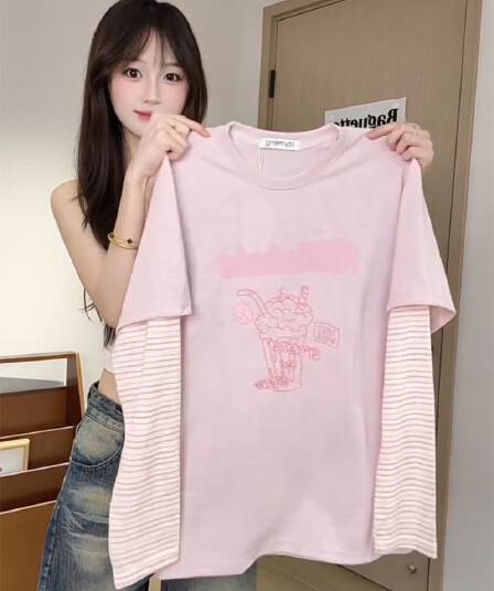 눈꽃 아마 자외선 차단 의류 여성 의류 트렌디 여름 트렌디 새로운 한 부서 페이크 레이어드 패치워크 긴팔 맨위