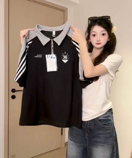 250그램 조수 브랜드 양면 반팔 티셔츠 여성 여름 새로운 한 부서 삽입 어깨 소매 스트라이프 POLO 칼라 맨위