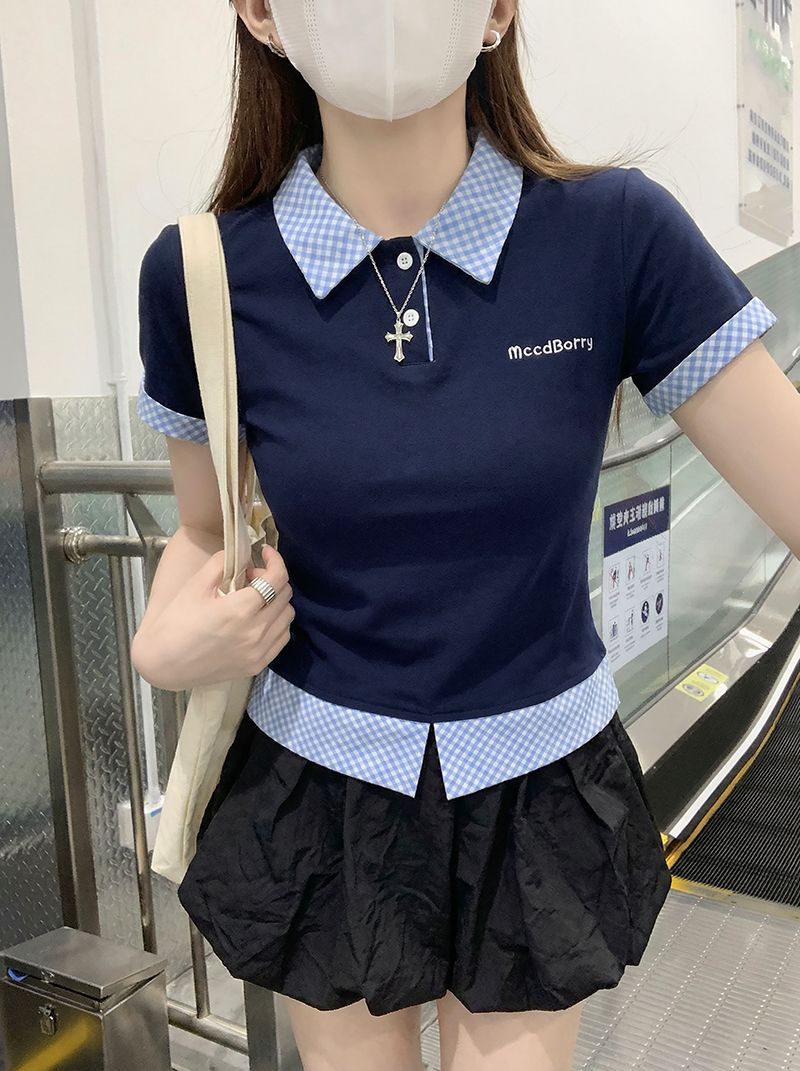 반팔 티셔츠 여성 의류 여름 새로운 한 부서 레트로 체크무늬 페이크 레이어드 가시 자수 POLO 칼라 맨위