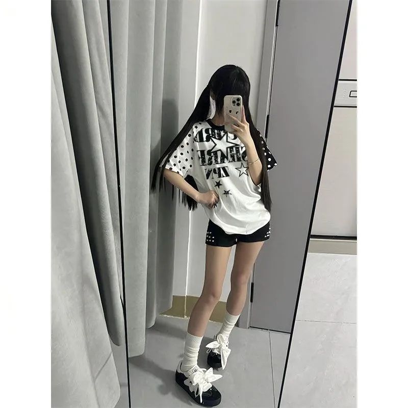 220g 순면 이후 패키지 소매 더블 프린트 배색 패치워크 루즈핏 반팔 티셔츠 여성 정가