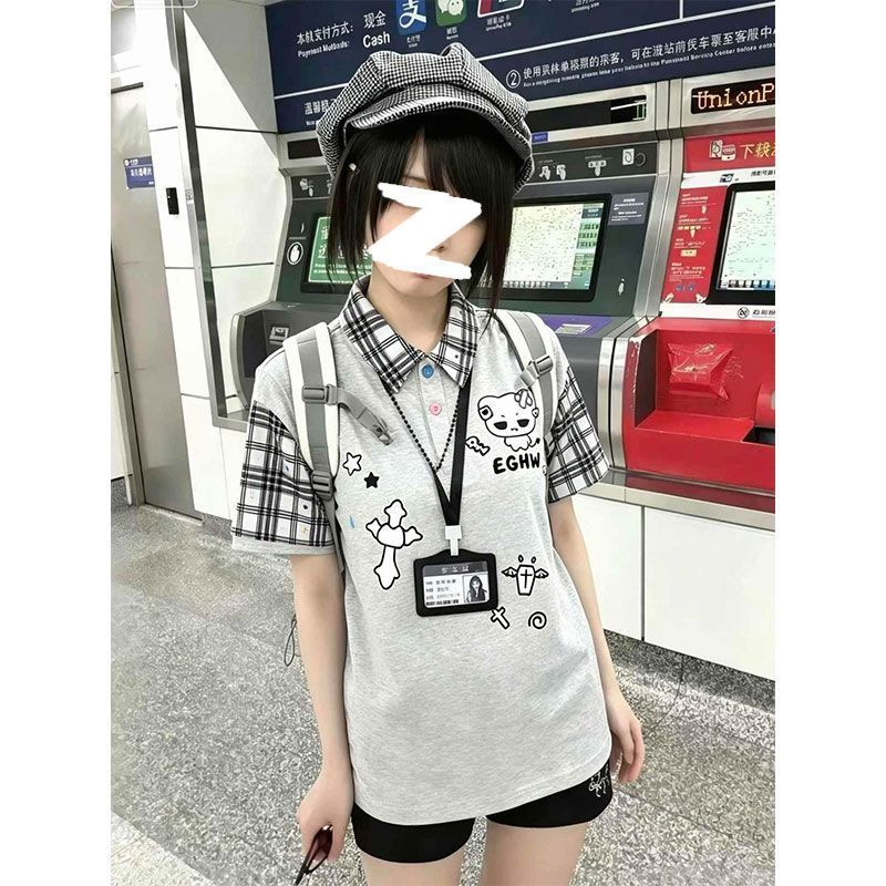 220g 순면 이후 테두리 경기 카드 카드 POLO 칼라 배색 패치워크 3 차원 자수 반팔 티셔츠 여성