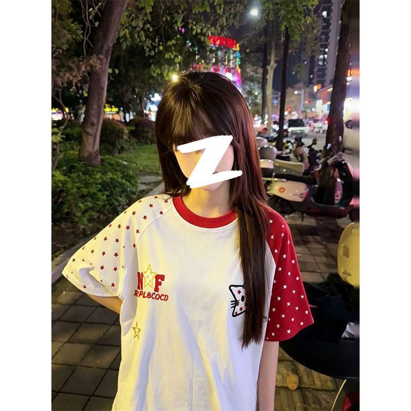 이후 패키지 이전 조각 프린트 소매 더블 프린트 배색 패치워크 루즈핏 반팔 티셔츠 여성 정가