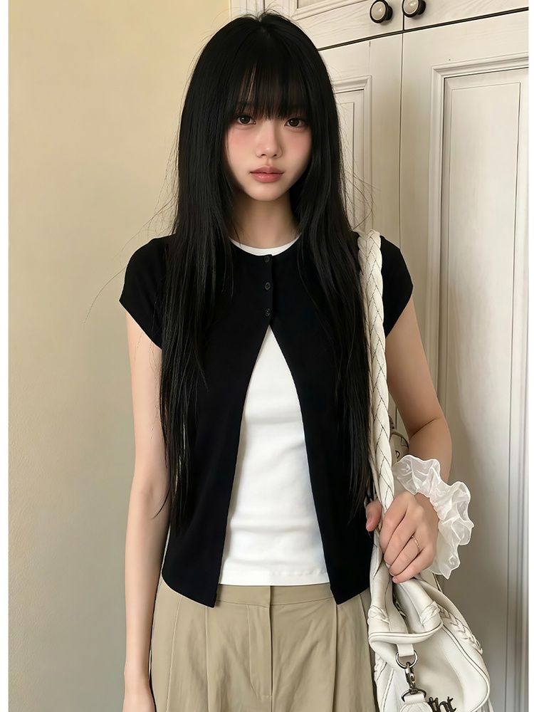 40 순면 미니멀리즘 라운드 넥 반 개방 버클 페이크 레이어드 반팔 티셔츠 여름 몸매 가꾸기 쇼트 스타일 심장 기계 칼라 맨위 여성
