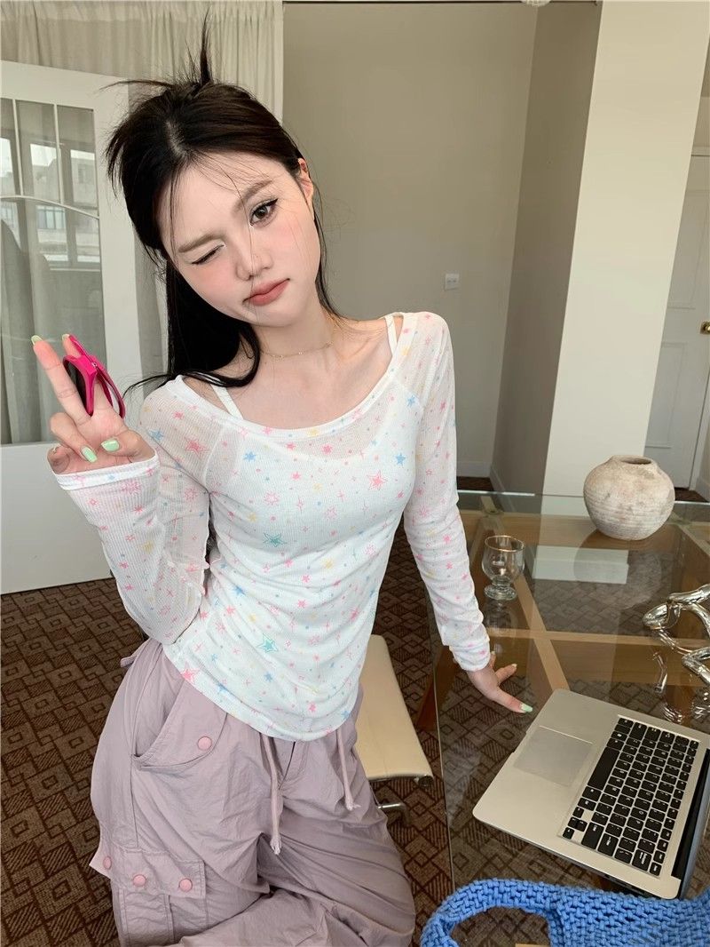 아메리칸 핫걸 오프숄더 긴팔 블라우스 자외선 차단 티셔츠 여성 이른 봄 작은 대중 몸매 가꾸기 슬림해 보이는 캐주얼 맨위 ins 트렌디