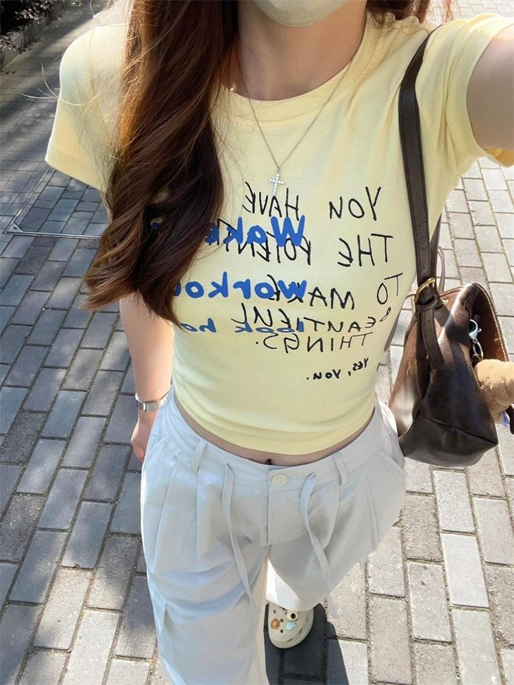 원본 원단 도파민 수채화 낙서 프린트 긍정적 인 어깨 반팔 티셔츠 여성 여름 핫걸 몸매 가꾸기 쇼트 스타일 맨위