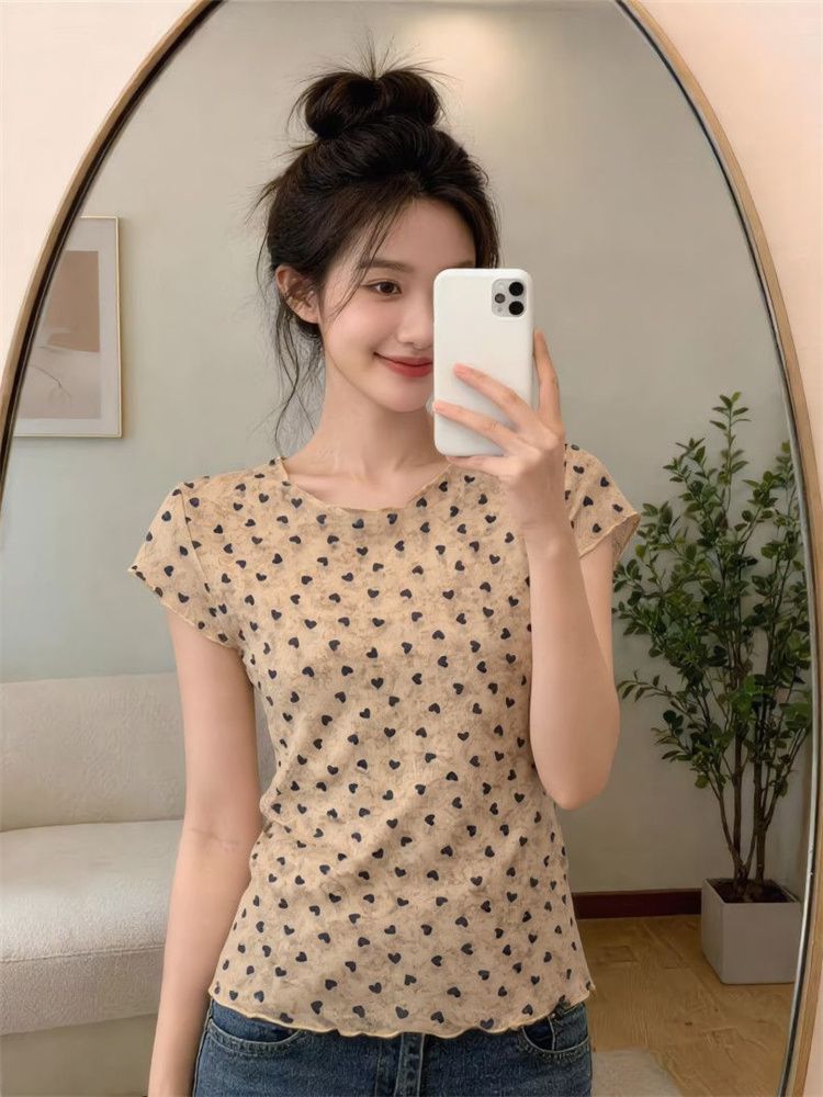 40d 메시 원단 전후 이중층 프릴 하트 망사 반팔 티셔츠 여성 여름 통기성 얇은 스타일 몸매 가꾸기 외출용 맨위