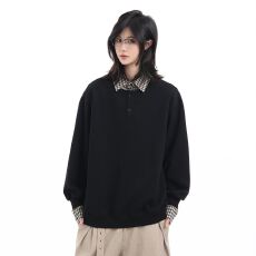 批发美式复古polo衫<b class='q'>情侣</b><b class='q'>卫衣</b>男女假两件格子拼接cleanfit休闲内搭上衣