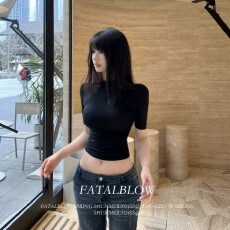 批发92人棉8氨纶 260克 性感辣妹黑色<b class='q'>中袖</b>T恤女夏季内搭纯欲修身短款