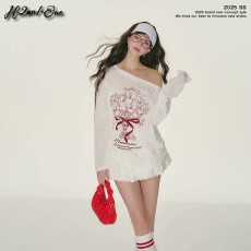 批发超薄天丝罗纹 110克 涂鸦斜肩T恤<b class='q'>防晒</b>罩衫女春夏薄款宽松上衣