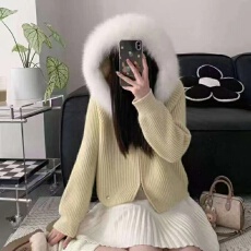 批发<b class='q'>韩国</b>东大门新款狐狸毛领连帽拉链毛衣女外套秋冬短款慵懒风针织衫