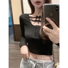 批发长袖百搭女<b class='q'>修身</b>2025新款纯欲别致甜辣风设计感小众方领短款上衣潮