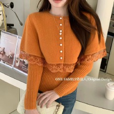 批发法式复古甜美<b class='q'>蕾丝</b>花边拼接斗篷<b class='q'>披肩</b>针织打底衫毛衣两件套装女秋冬