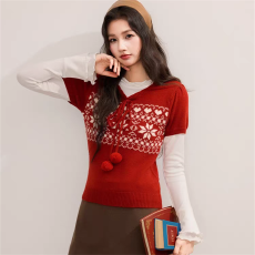 批发费尔岛提花圆领套头短袖针织衫女春秋冬季慵懒风设计感叠穿上衣