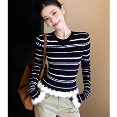 批发秋冬收腰显瘦毛毛边长袖上衣设计感撞色<b class='q'>条纹</b>毛衣针织<b class='q'>打底衫</b>女内搭
