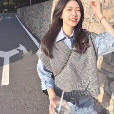 批发慵懒风灰色无袖背心针织<b class='q'>马甲</b>女春秋秋冬外搭毛衣叠穿衬衫坎肩<b class='q'>马夹</b>
