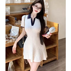 批发撞色麻花<b class='q'>polo</b>领短袖连衣裙女夏季收腰针织裙子学院风修身a字短裙