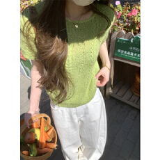 批发新款韩系早春薄荷绿麻花纹针织短袖女镂空宽松叠穿温柔风显瘦上衣
