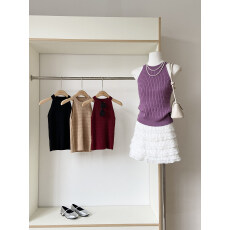 批发挂脖圆领无袖紫色套头针织背心女2026夏季新款百搭修身短款上衣潮