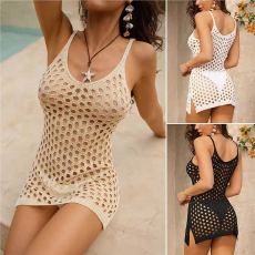 批发<b class='q'>欧美</b>性感V领新款吊带裙镂空透视款简约收腰包臀针织裙女<b class='q'>连衣裙</b>