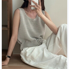 批发韩系抽绳系带设计感针织背心女夏季圆领百搭无袖上衣