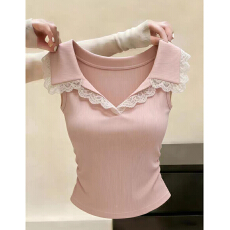 批发高级感蕾丝花边拼接翻领无袖针织衫女夏季新款独特超好看漂亮上衣