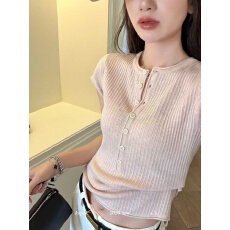 批发2026春夏新款韩版简约修身显瘦坑条半开扣针织短袖T恤女