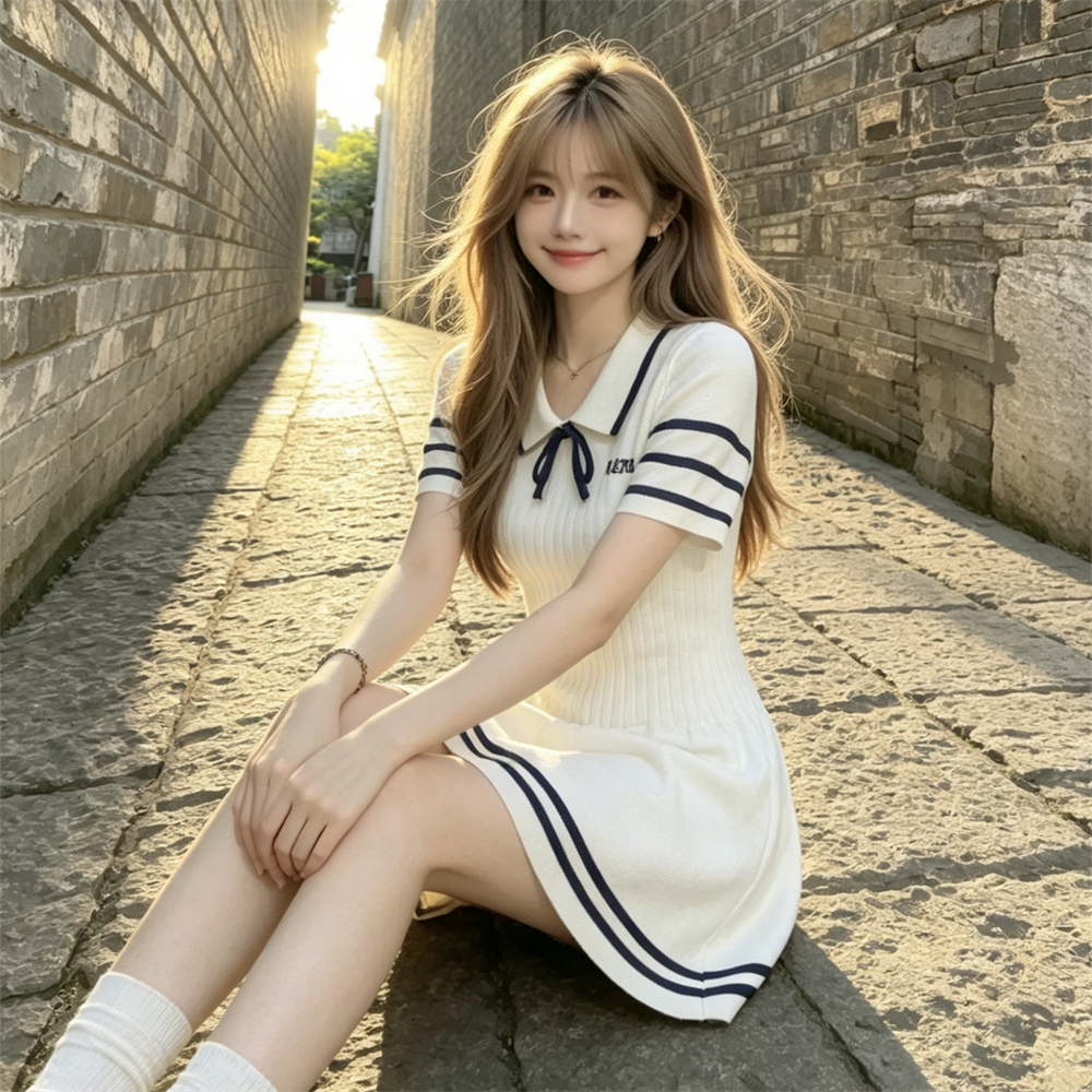 작은 샤넬 스타일 학원 스타일 POLO 칼라 니트 여성 드레스 여름 품격 미니 스커트 작은 대중 패치워크 색상 슬림해 보이는 연령 감소 치마
