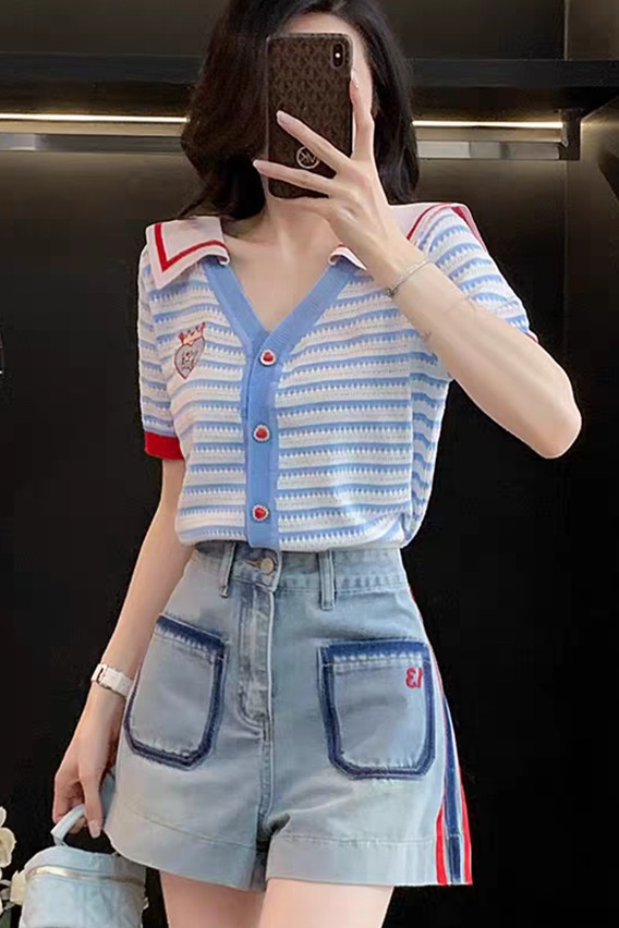 학원 스타일 패치워크 해군 칼라 스트라이프 니트 오픈 가디건 여성 여름 반팔 디자인 센스 작은 키 다용도 슬림해 보이는 맨위