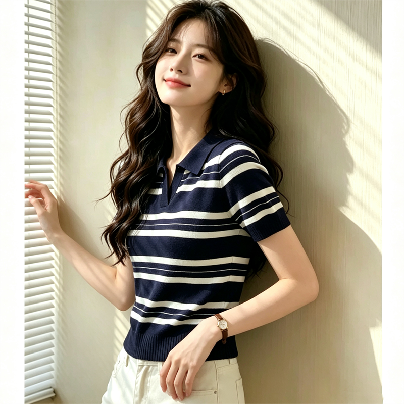 해군 화이트 스트라이프 POLO 칼라 니트 반팔 여성 여름 새로운 슬림해 보이는 티셔츠 다용도 맨위