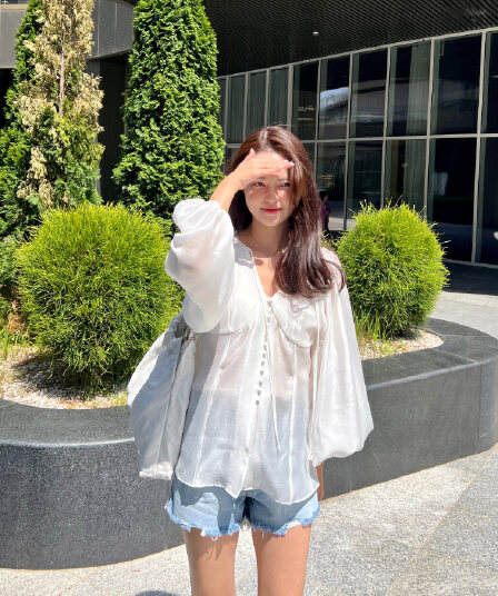 품격 V넥 벌룬 소매 쉬폰 블라우스 한국 스타일 chic 빛 요리 한 패션 명문 여성 숙녀 단색 루즈핏 빅 사이즈