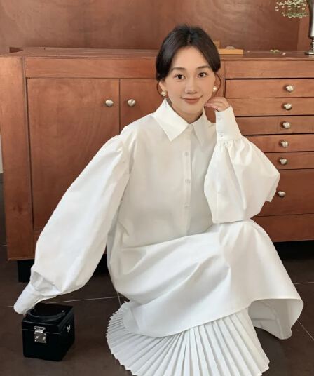 한국 동대문 가을 새로운 작은 대중 디자인 센스 패치워크 플리츠 셔츠 여성 드레스