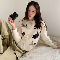 批发童趣小狗毛巾绣针织<b class='q'>开衫</b>女秋冬复古简约松弛感韩系上衣