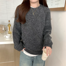 批发韩系chic圆领软糯毛衣女秋冬慵懒宽松加厚长袖针织衫套头内搭上衣
