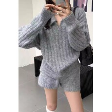 批发韩系简约时尚穿搭一整套慵懒针织百搭秋冬休闲毛衣<b class='q'>短裤</b>套装