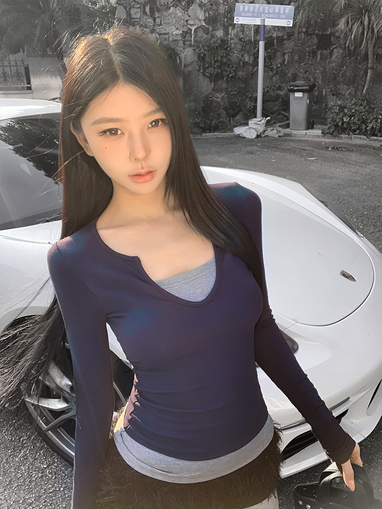 실사 봄 드레스 새로운 아메리칸 레트로 페이크 레이어드 긴팔 티셔츠 패치워크 배색 핫걸 맨위