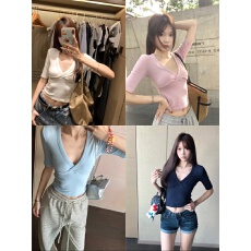 批发白色v领五分<b class='q'>袖</b>短款t恤女夏新款修身显瘦正肩<b class='q'>上衣</b>